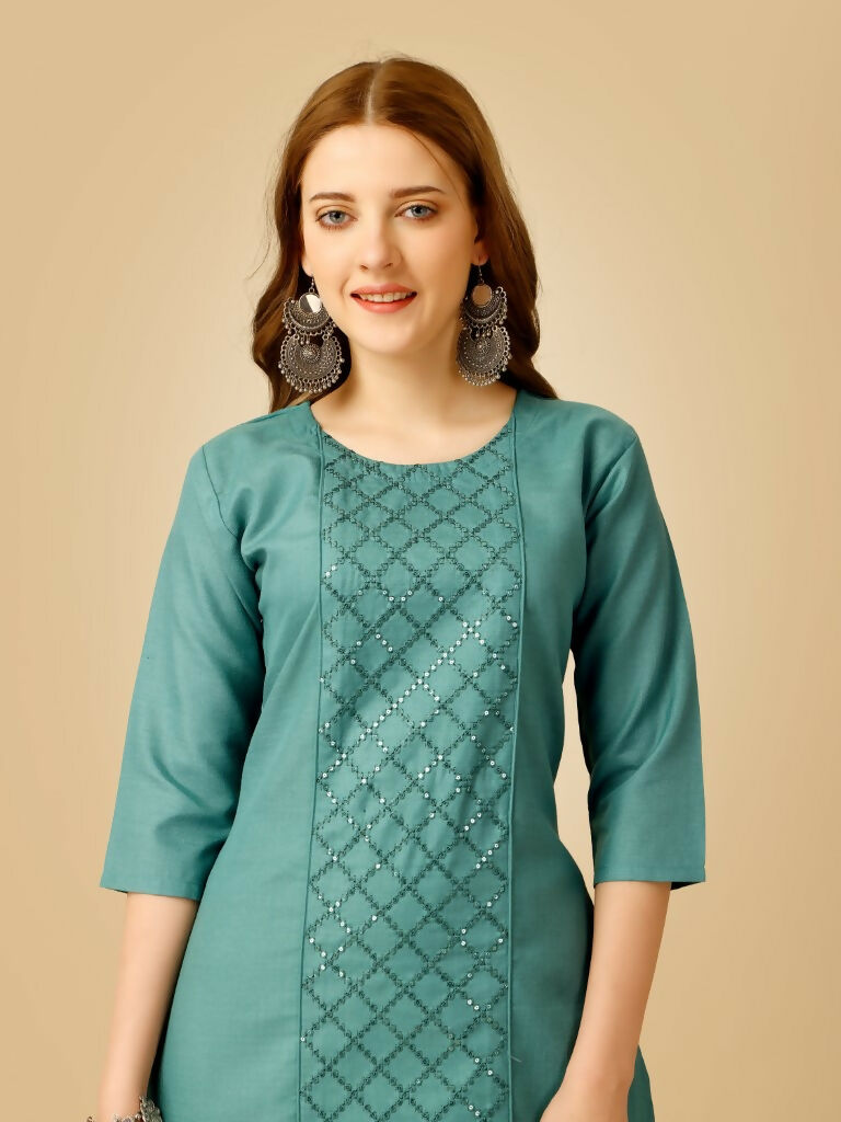 Jyoti Fashion Women's Teal Cotton Blend Embroidered Kurta Pant Set