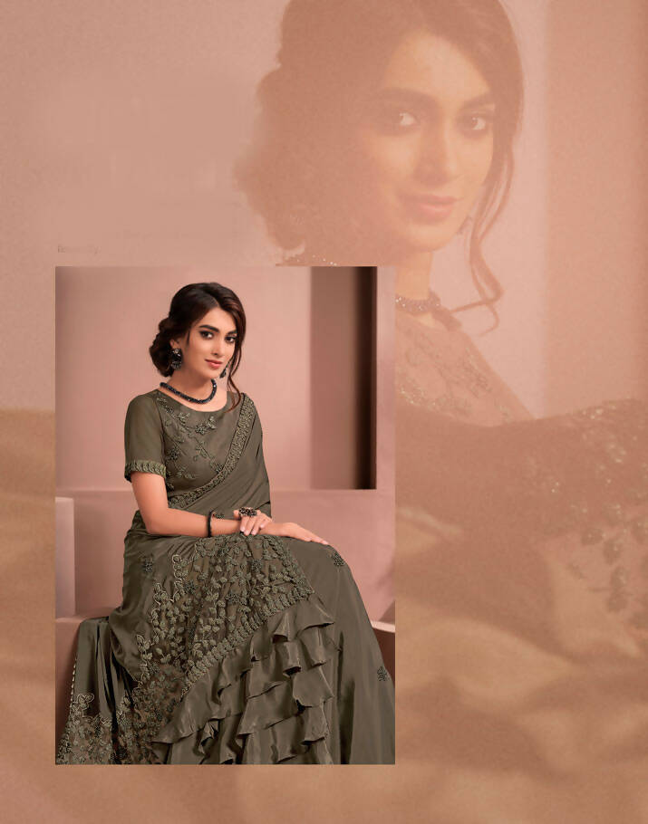 Brown Colored Crepe Embroidered Saree With Unstitched Blouse - Norita Raissa