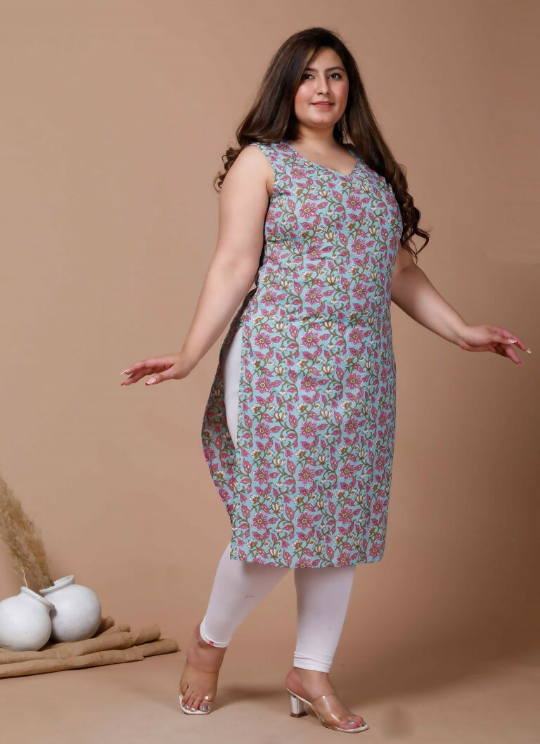 Miravan Women's Plus Size Blue Floral Printed Sleeveless Straight Kurta
