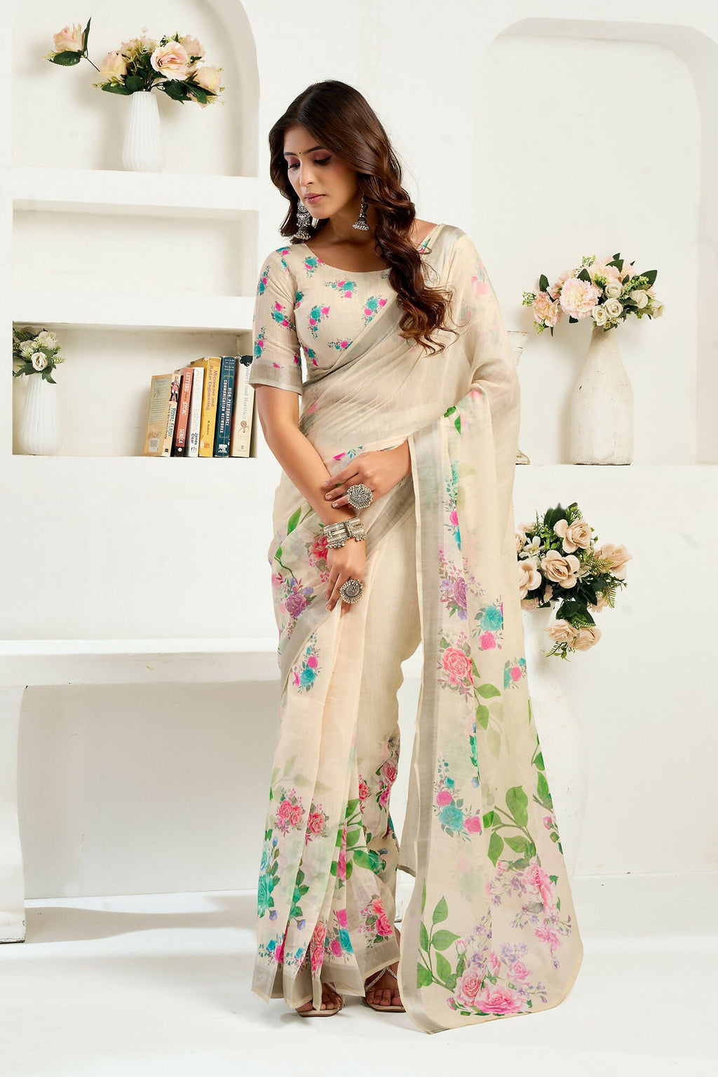 Vastranavya Cream Digital Printed Linen Ready To Wear Designer Saree with Unstitched Blouse