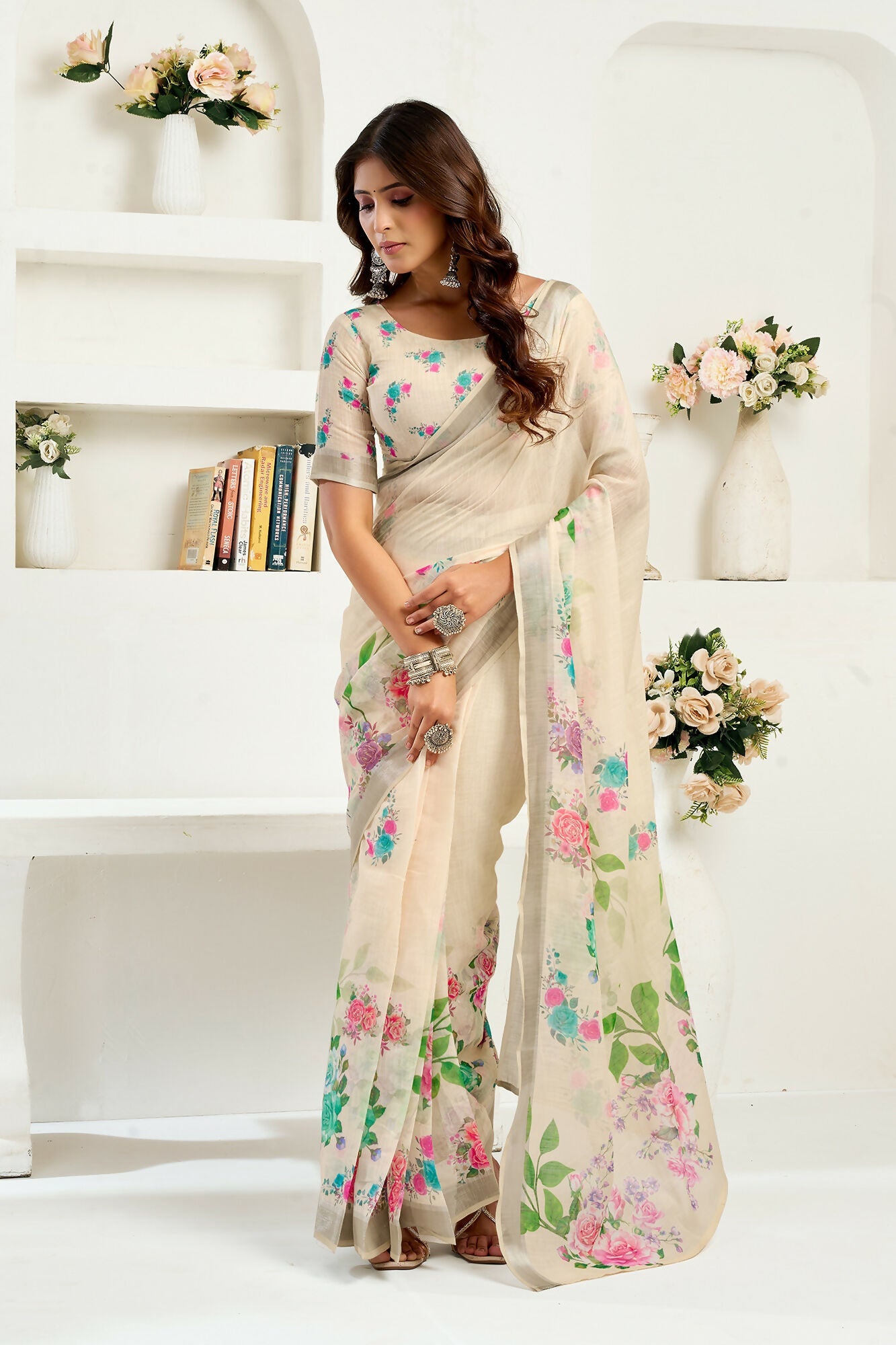 Vastranavya Cream Digital Printed Linen Ready To Wear Designer Saree with Unstitched Blouse