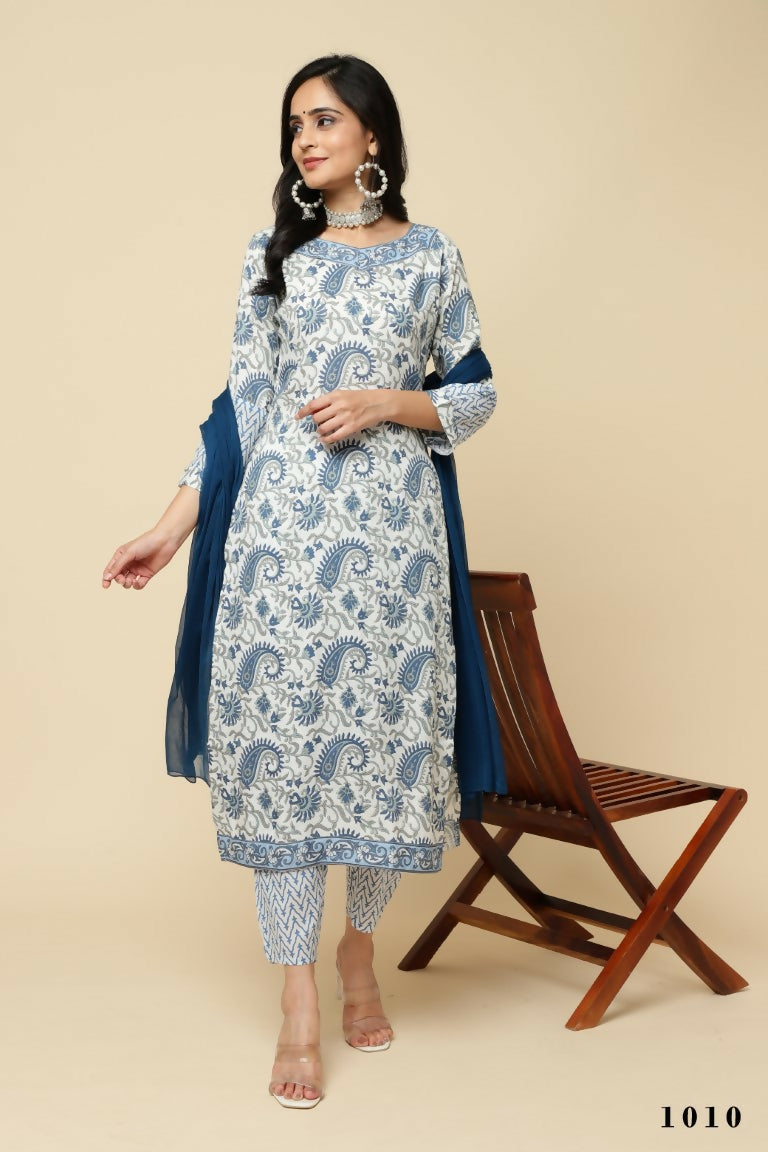Designer Stylish White Keri cotton Stitched Suit With Dupatta - Tanisha