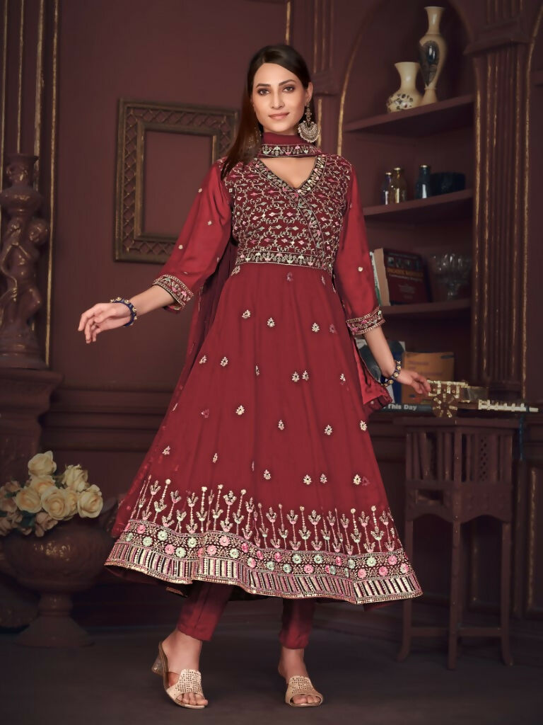 Jyoti Fashion Women's Maroon Georgette Embroidered Anarkali Kurta Pant Set With Dupatta