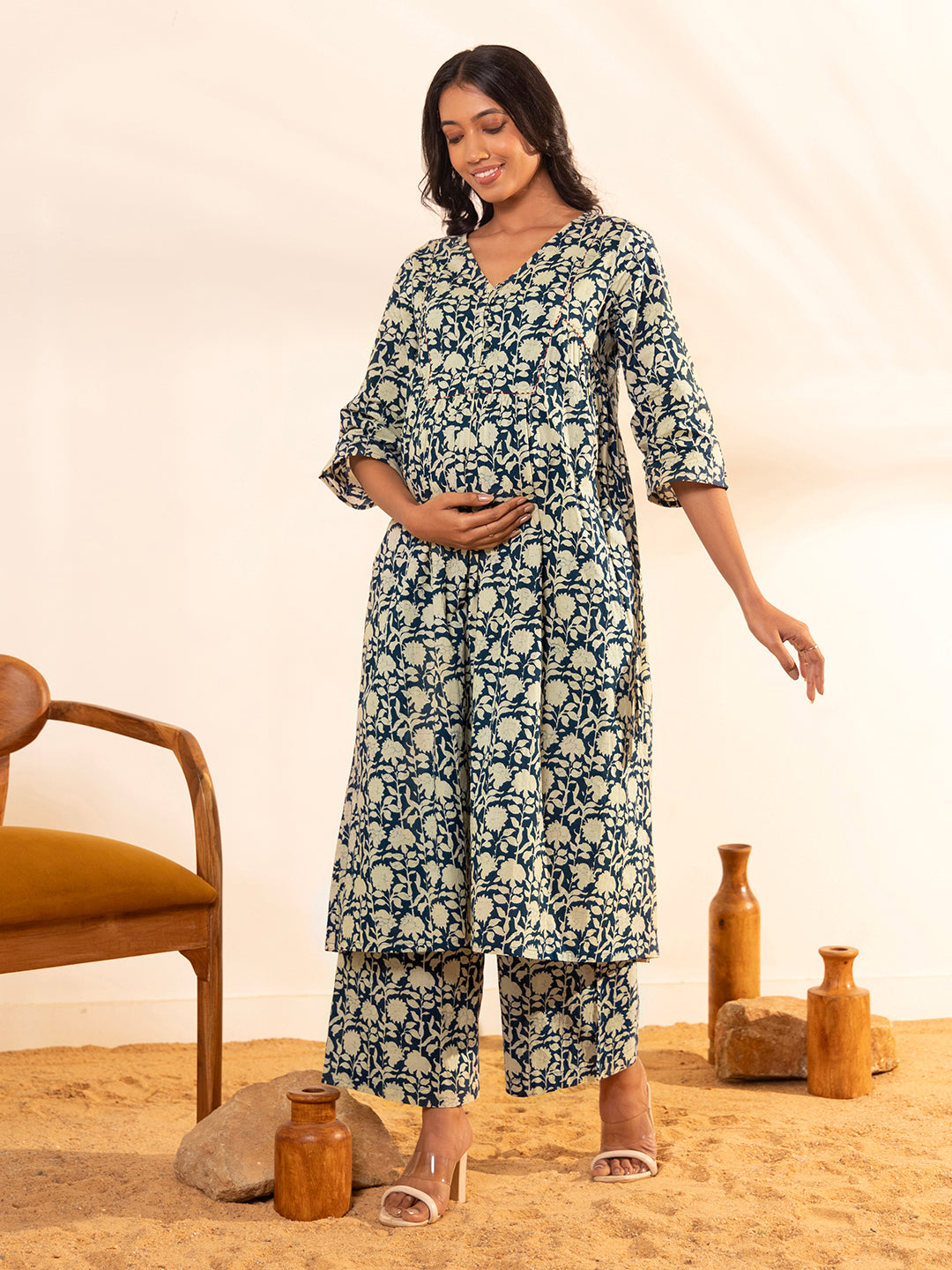 Janasya Teal Blue Cotton Floral Printed Casual Maternity Set