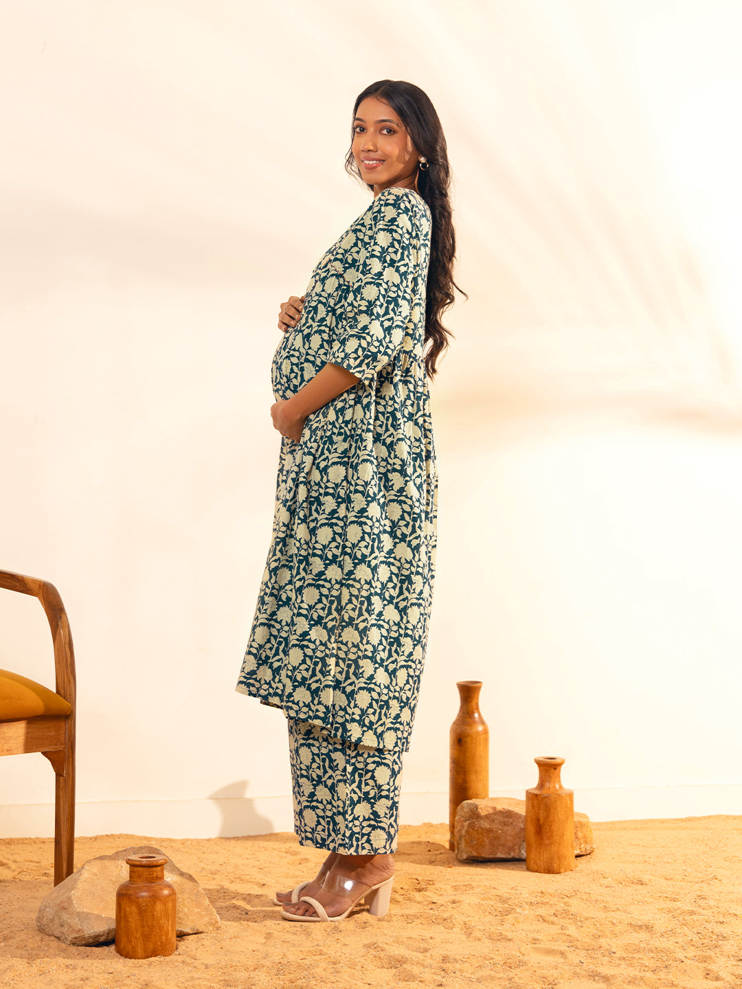 Janasya Teal Blue Cotton Floral Printed Casual Maternity Set
