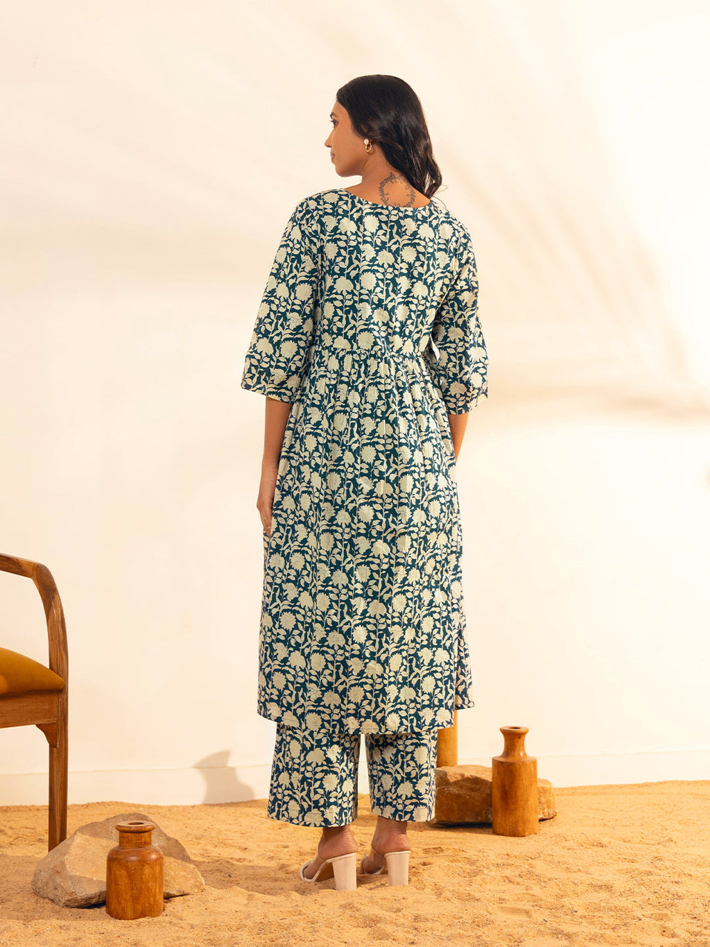 Janasya Teal Blue Cotton Floral Printed Casual Maternity Set