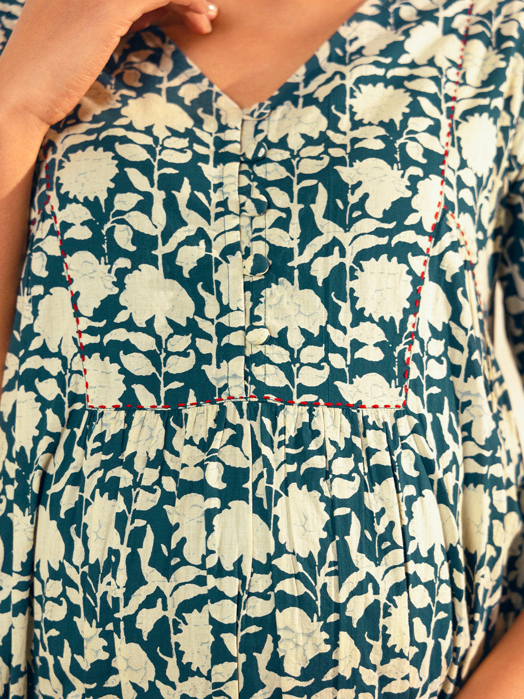 Janasya Teal Blue Cotton Floral Printed Casual Maternity Set