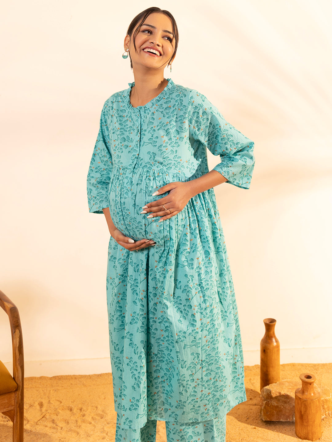 Janasya Sea Green Cotton Floral Printed Casual Maternity Set