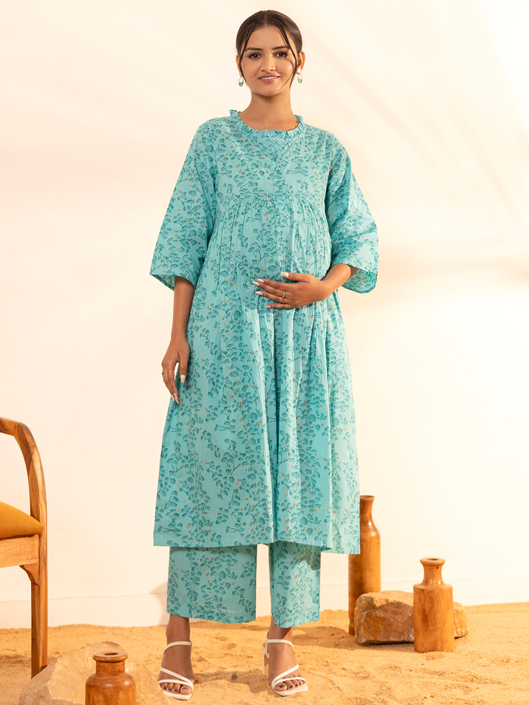 Janasya Sea Green Cotton Floral Printed Casual Maternity Set
