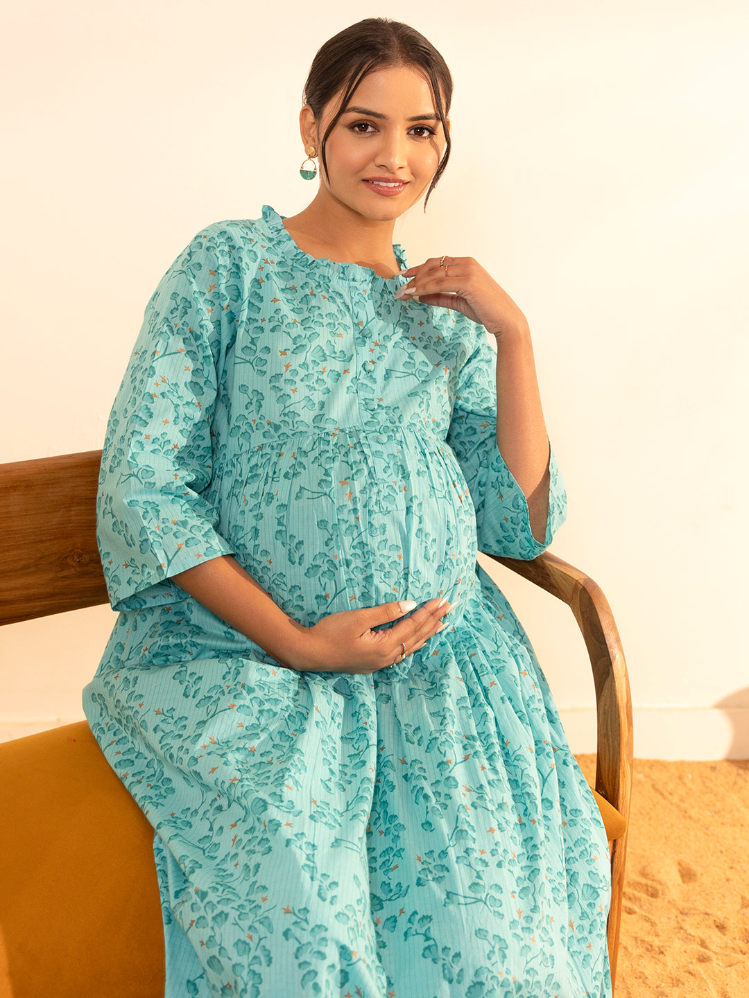 Janasya Sea Green Cotton Floral Printed Casual Maternity Set
