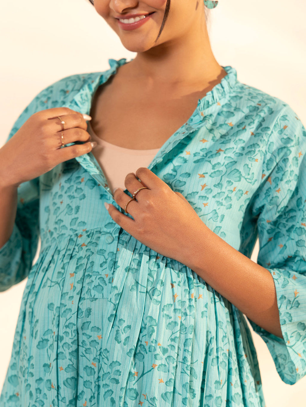 Janasya Sea Green Cotton Floral Printed Casual Maternity Set