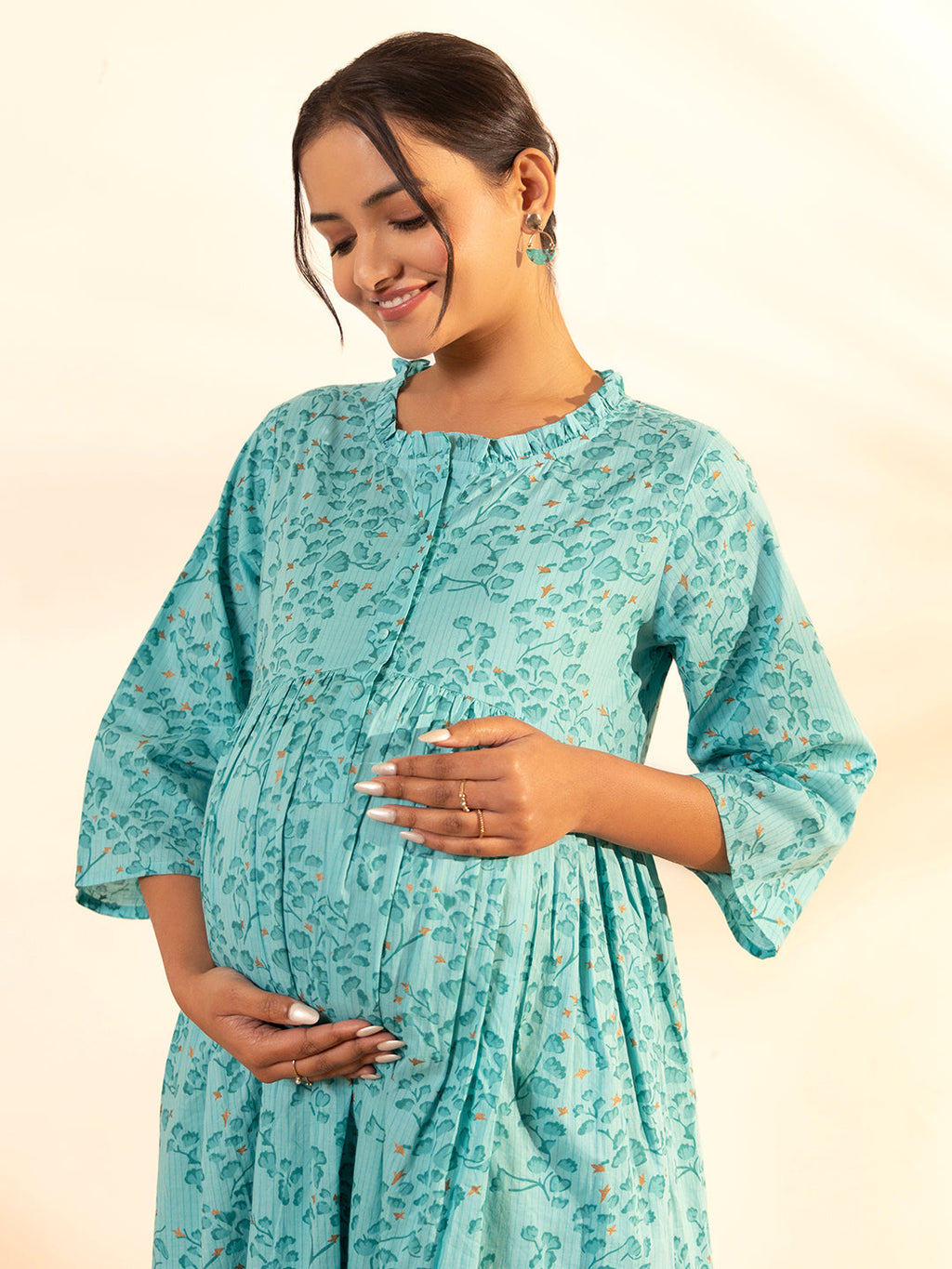 Janasya Sea Green Cotton Floral Printed Casual Maternity Set