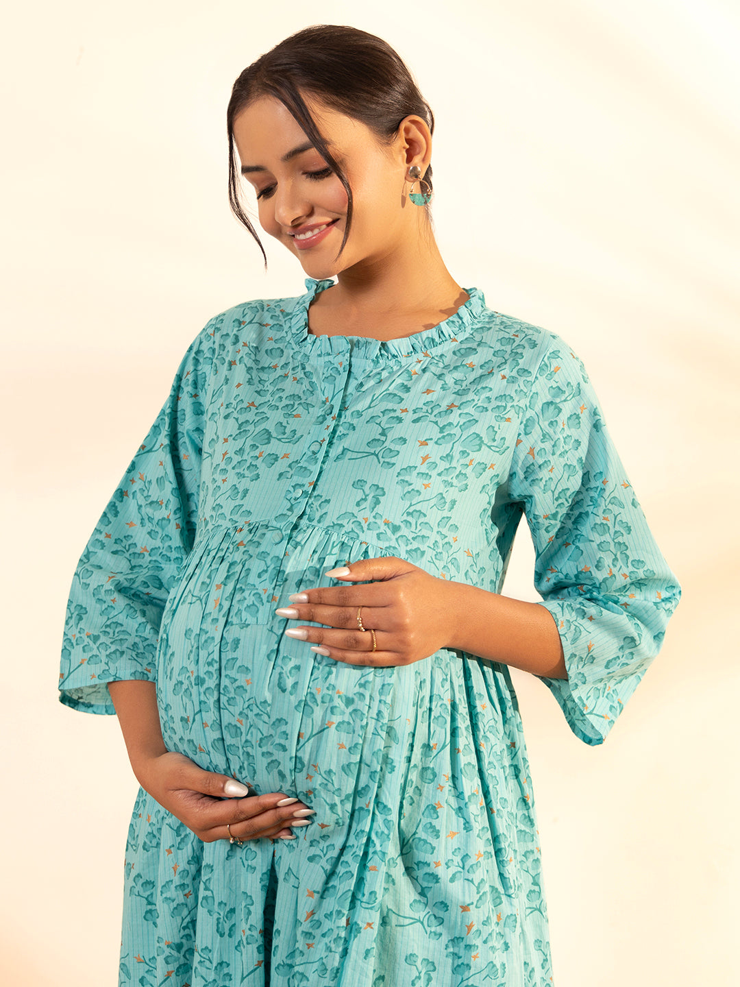 Janasya Sea Green Cotton Floral Printed Casual Maternity Set