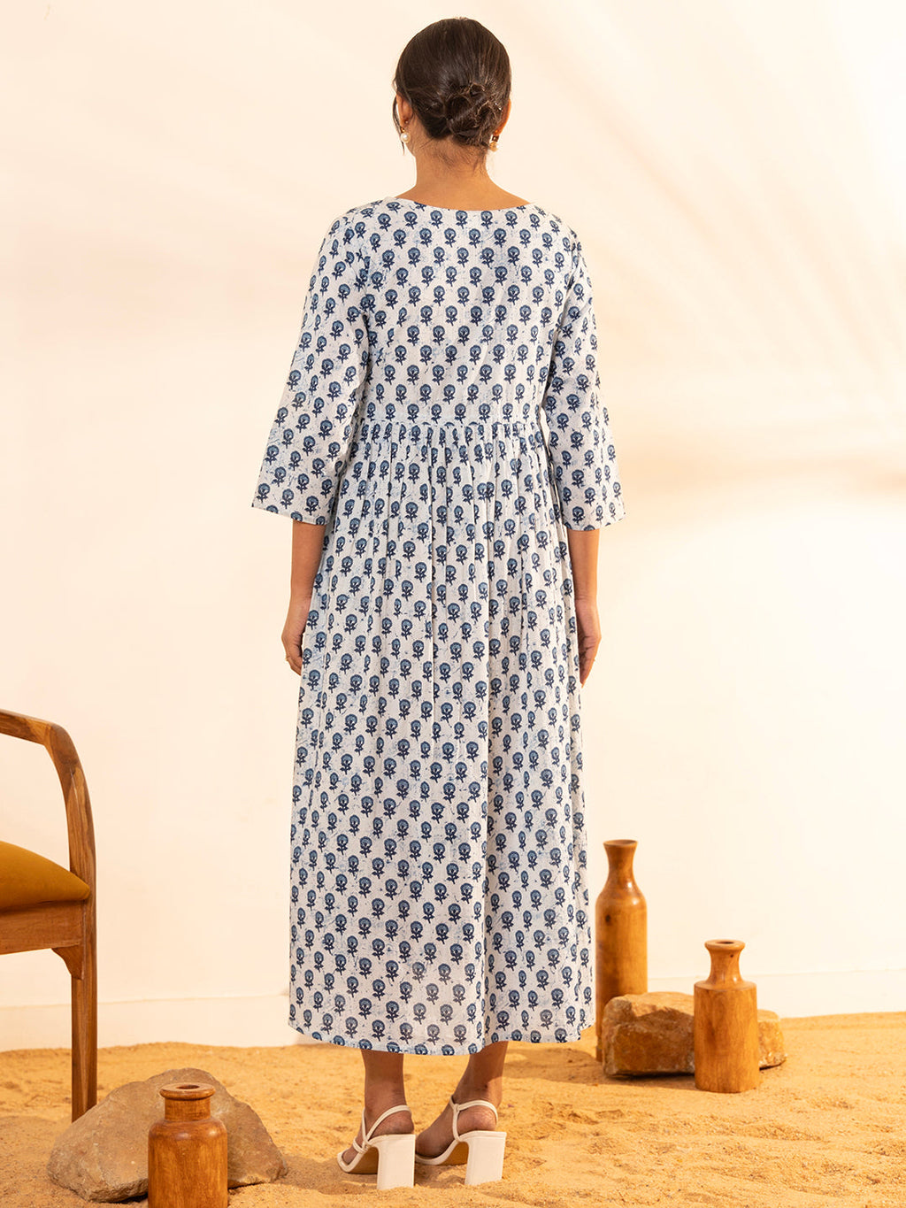 Janasya White Cotton Floral A-Line Dress