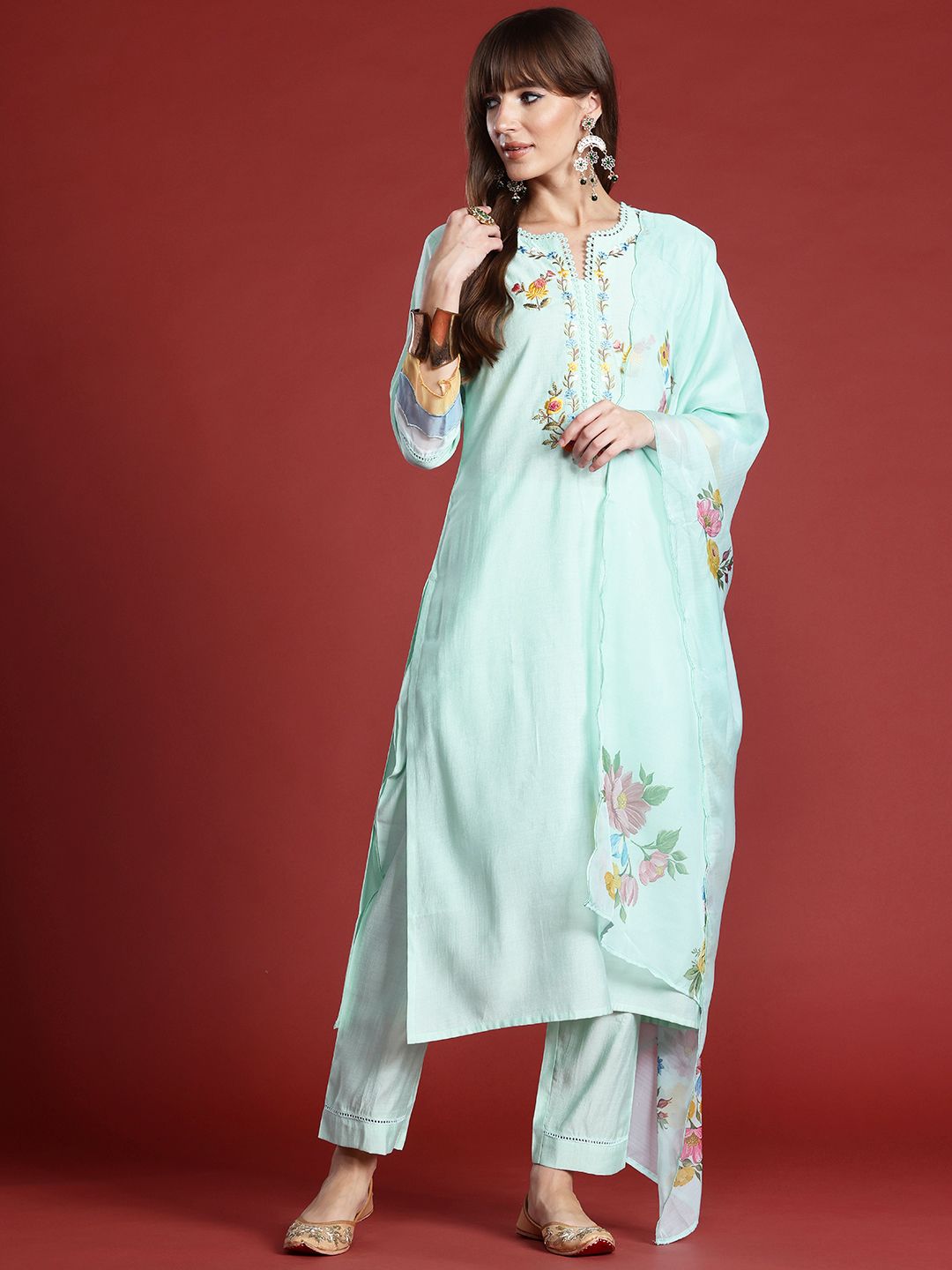 Indo Era Floral Embroidered Thread Work Kurta with Trousers & With Dupatta