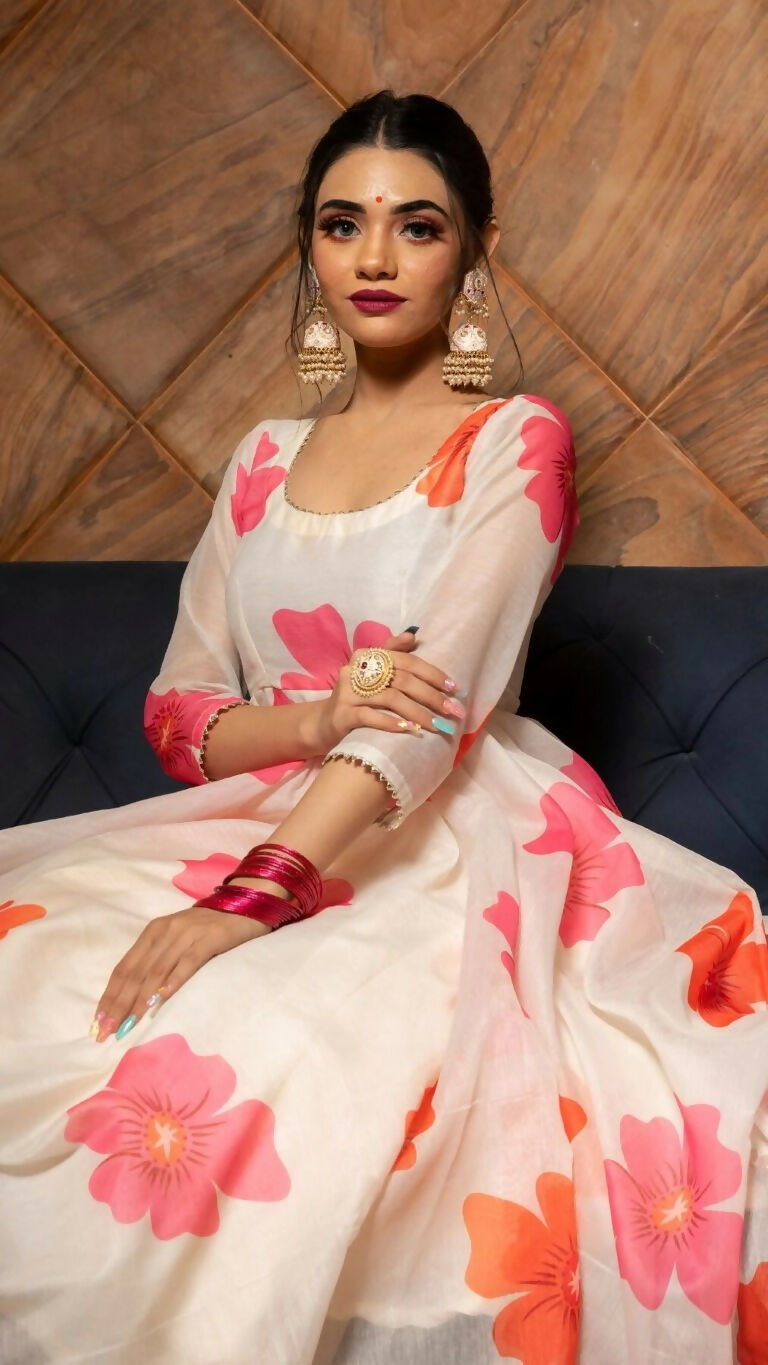 Jyoti Fashion Women's Pink Heavy Chanderi Floral Digital Printed Kurta with Trouser & Dupatta