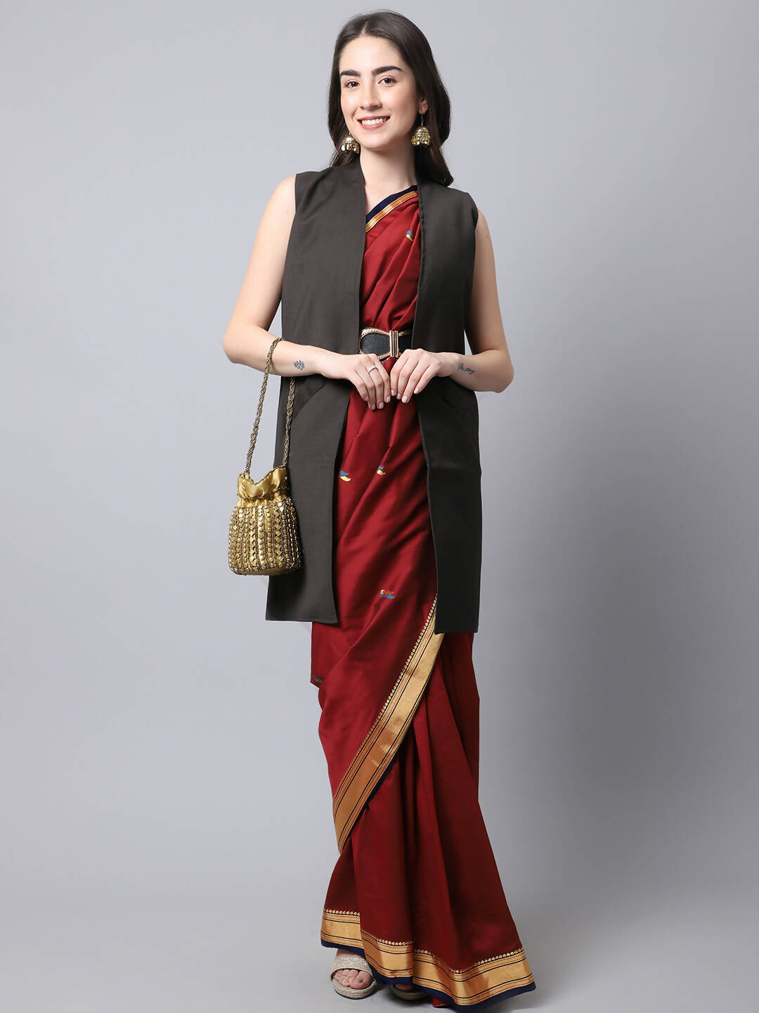 Even Apparels Brown Polywool Open Front Women's Long Coat