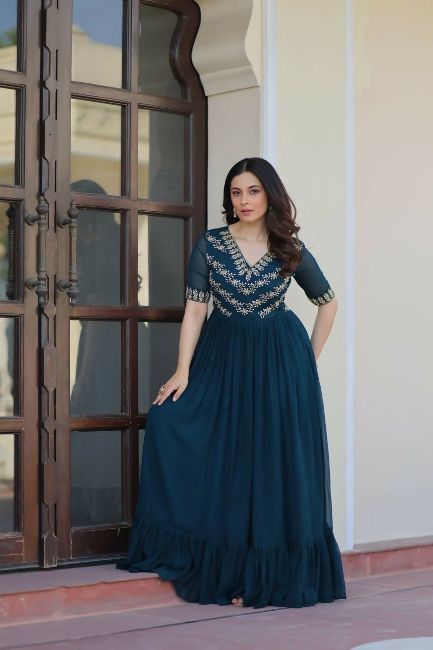 Teeya Creation Rama Color Faux Georgette Party Wear Hand Embroidery Work Long Gown