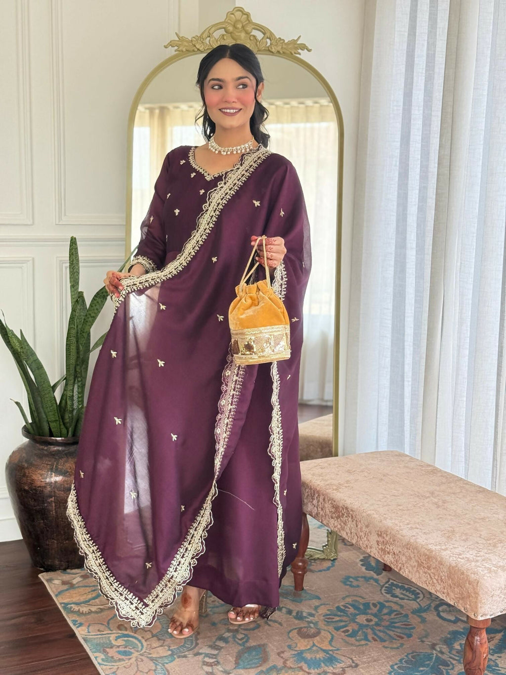 The52 Wine Women's Gorgeous Vichitra Silk Fabric Embroidered Work Flared Anarkali Pant and Dupatta Set