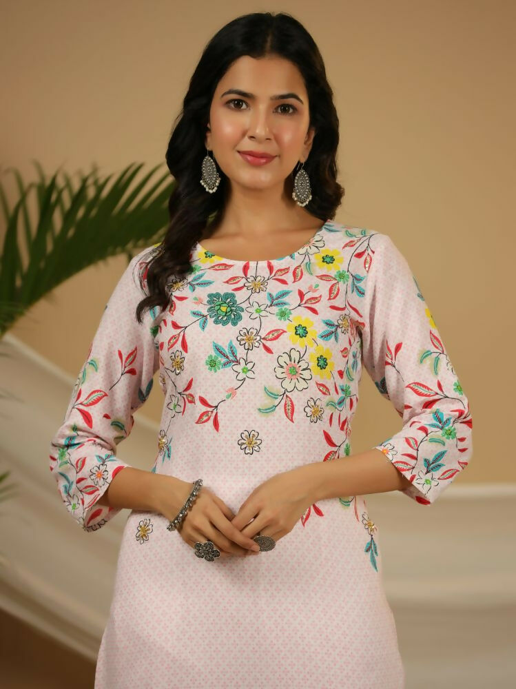 Juniper Pink Floral Printed Rayon Kurta With Sequins & Beads Work