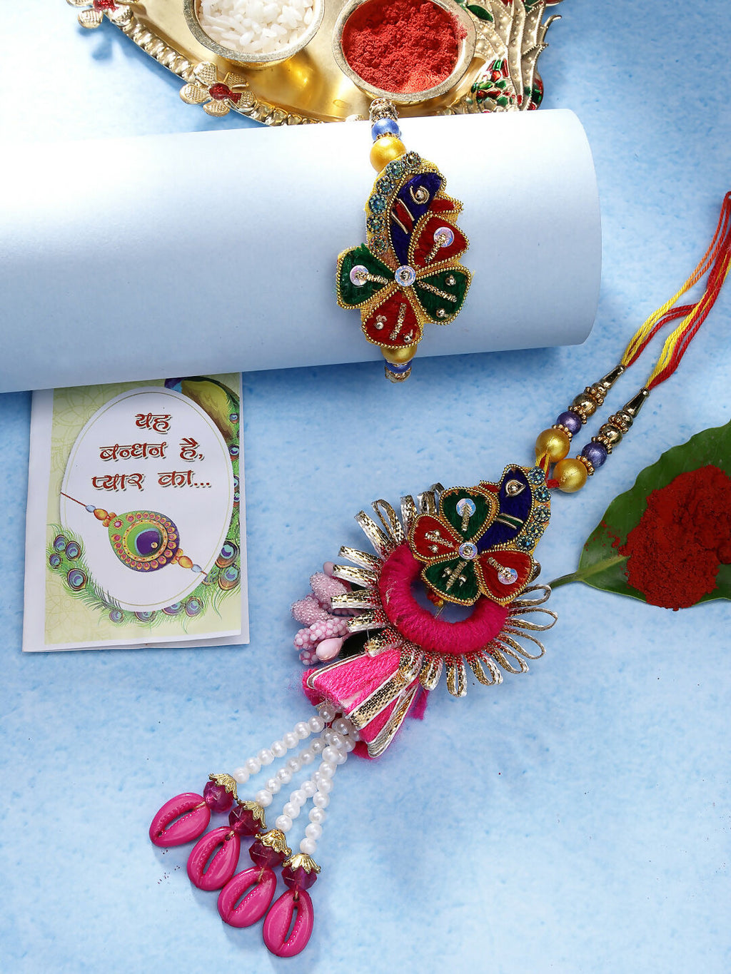 NVR Women & Men Set of 2 Multicolor Thread Work & Beaded Bhaiya Bhabhi Rakhi With Roli Chawal