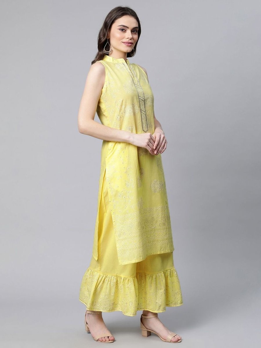 Ahalyaa Women Yellow Colour Pure Cotton Glitter Print Kurta Palazzo Set