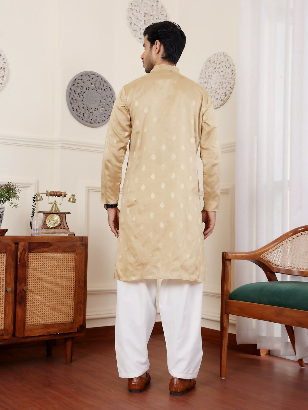 Beige Viscose Woven Jacquard Work Men's Rajwadi Kurta Set - Mahotsav