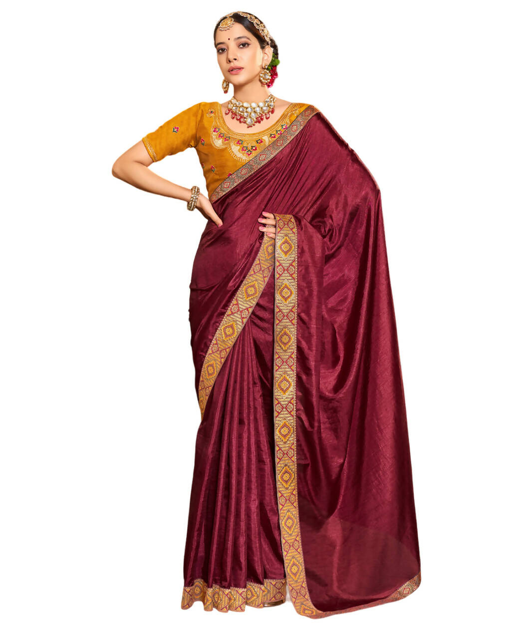 Dark Maroon Solid Vichitra Saree With Unstitched Blouse Piece - Selena