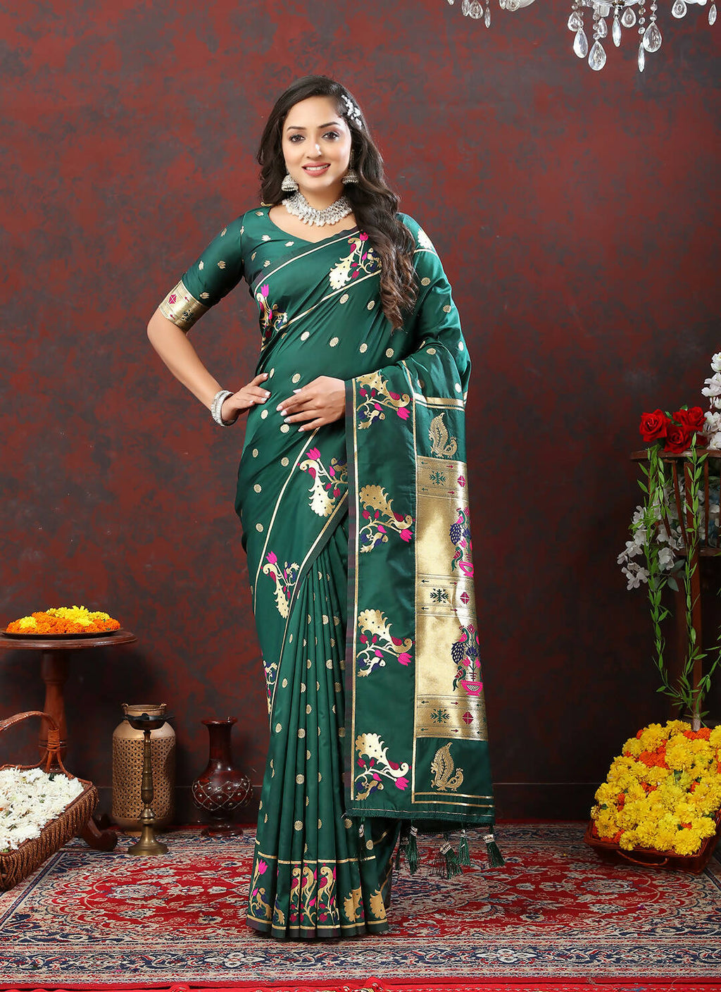 Lorenvalley Fashion Green Soft Paithani Silk Woven Design Gold Zari Meenakari Weaving Saree