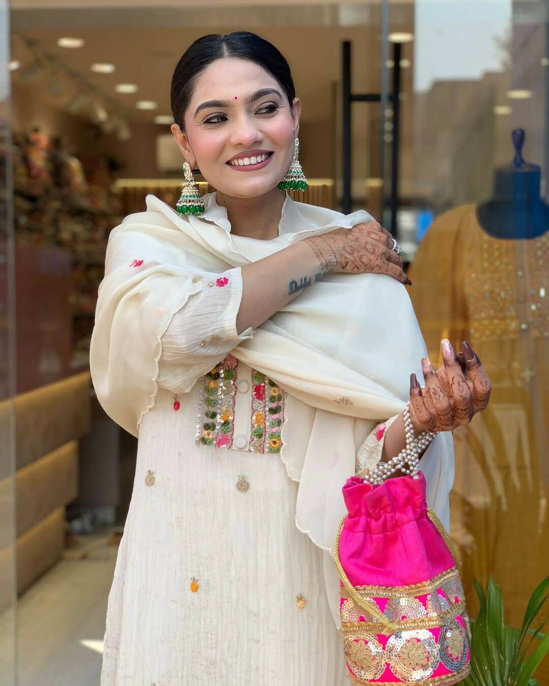 The52 Off White Women's Gorgeous Chinon Fabric Embroidered Work Straight Kurta Pant and Dupatta Set