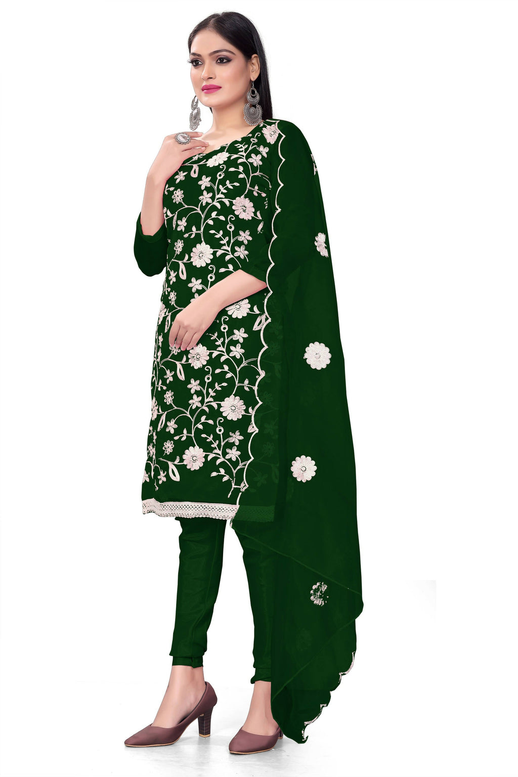 Green Organza Silk Embroidered Work Unstitched Dress Material - Tanvi