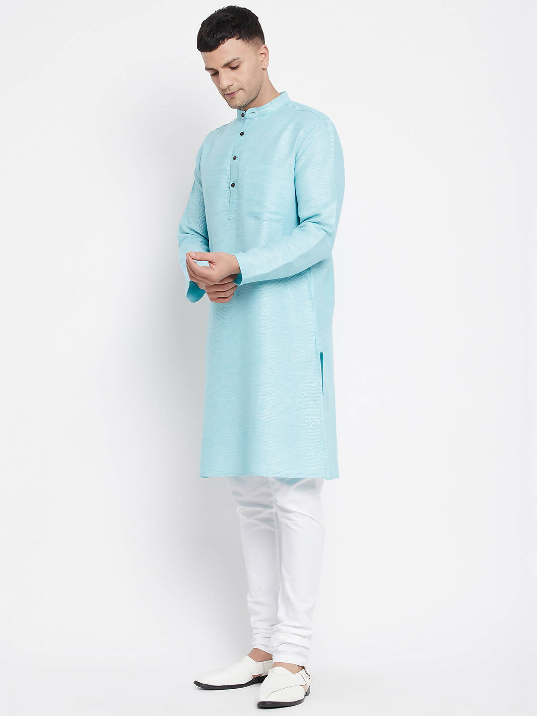 Even Apparels Blue Rayon Men's Kurta With Band Collar