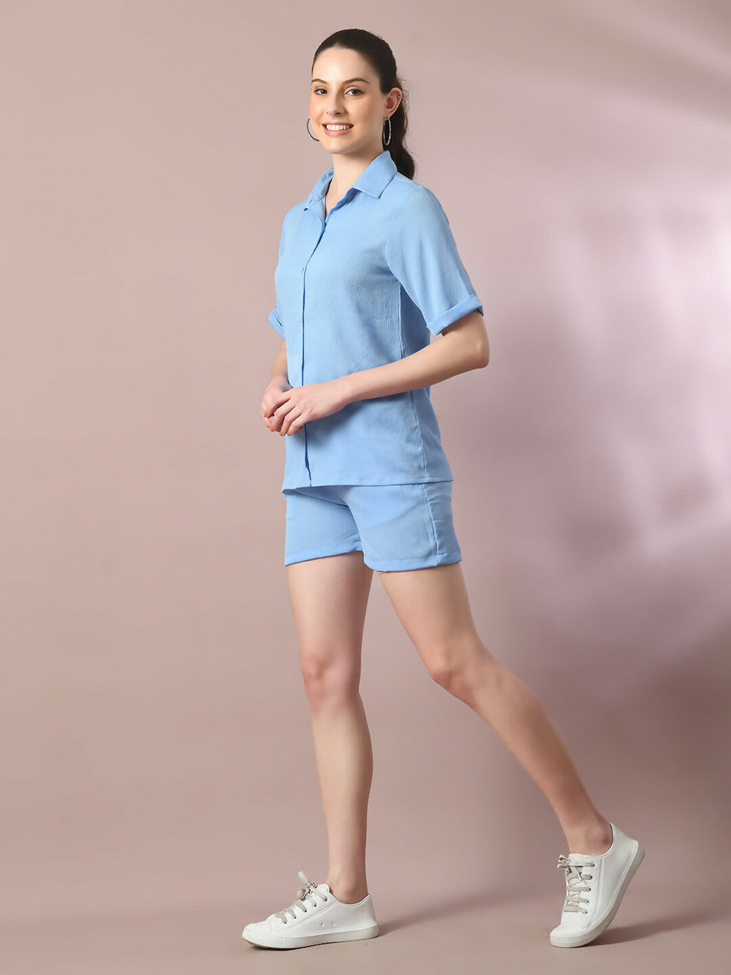 Myshka Women's Blue Solid Shirt Collar Party Shirt With Shorts Co-ord set