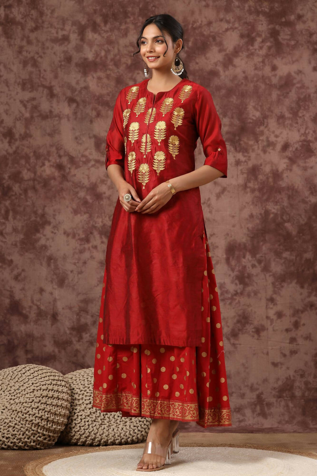 Juniper Women Maroon Chanderi Silk Embroidered & Printed Layered Dress