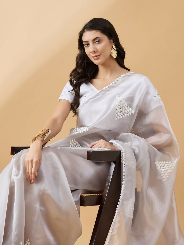 Grey Tissue Slub Embroidered Saree with Unstitched Blouse - Vairagi