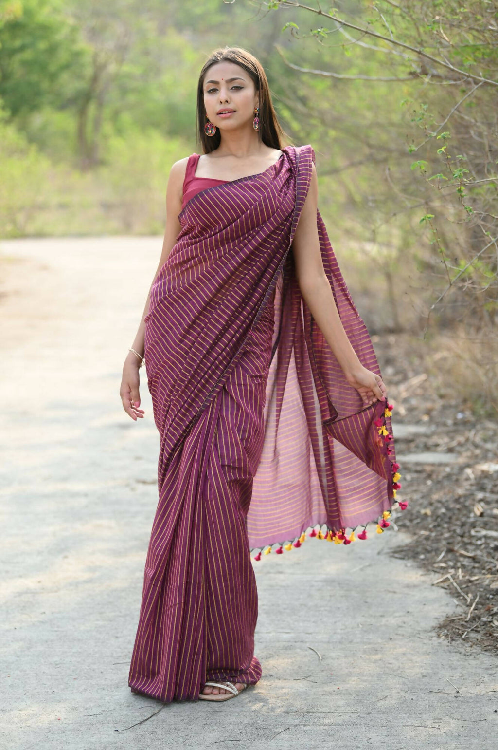 Very Much Indian Designer Pure Cotton Saree With All Over Linear Stripes - Maroon