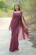 Very Much Indian Designer Pure Cotton Saree With All Over Linear Stripes - Maroon