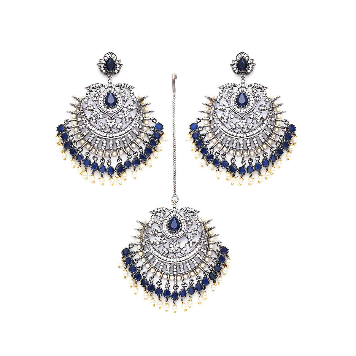 Diamond & Blue Stone Earrings with Matching Maang Tikka- Ruby Raang