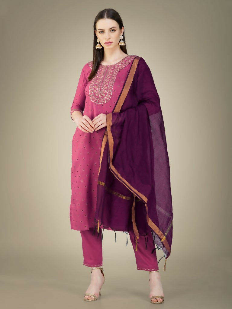 Jyoti Fashion Women's Wine Cotton Magic Slub Embroidery & Sequence work Kurta with Trouser & Dupatta