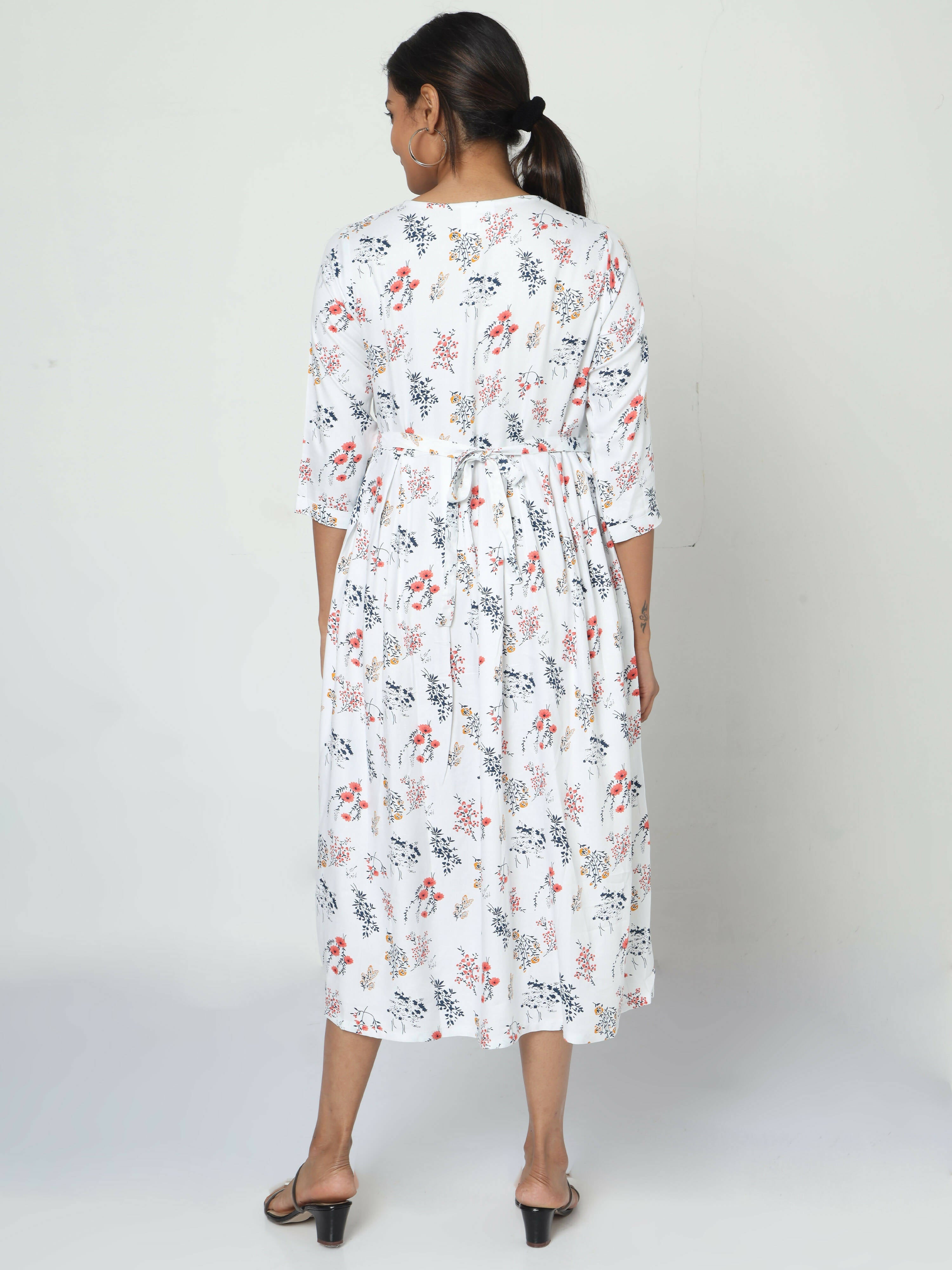 Manet Three Fourth Maternity Dress Floral Print With Concealed Zipper Nursing Access - White