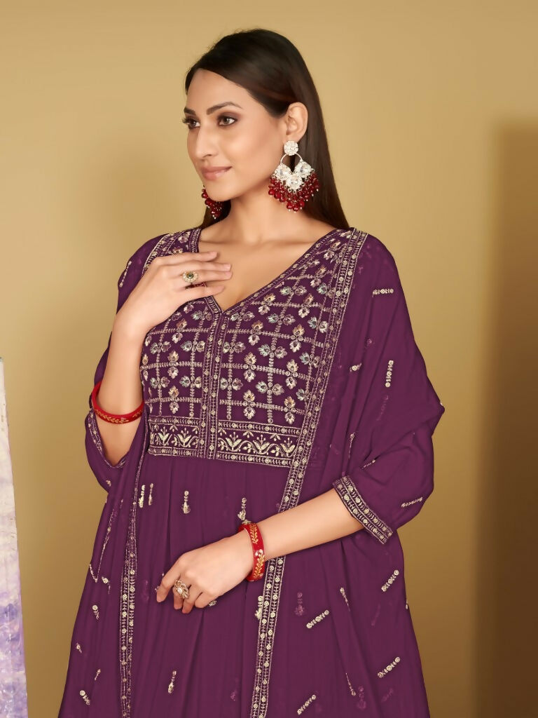 Jyoti Fashion Women's Purple Georgette Embroidered Anarkali Kurta Pant Set With Dupatta