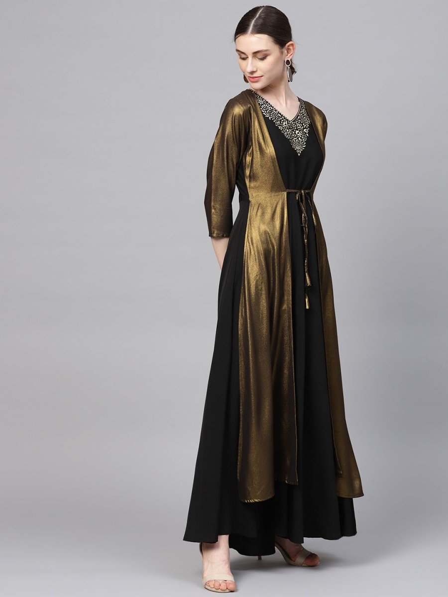 Ahalyaa Women's Black Crepe Dress with Attached Jacket