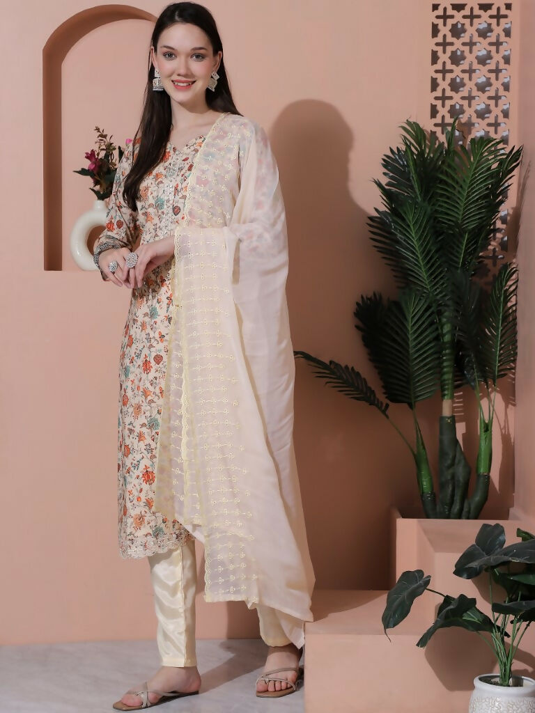 Jyoti Fashion Women's Beige Cotton Floral Digital Printed Kurta with Trouser & Dupatta