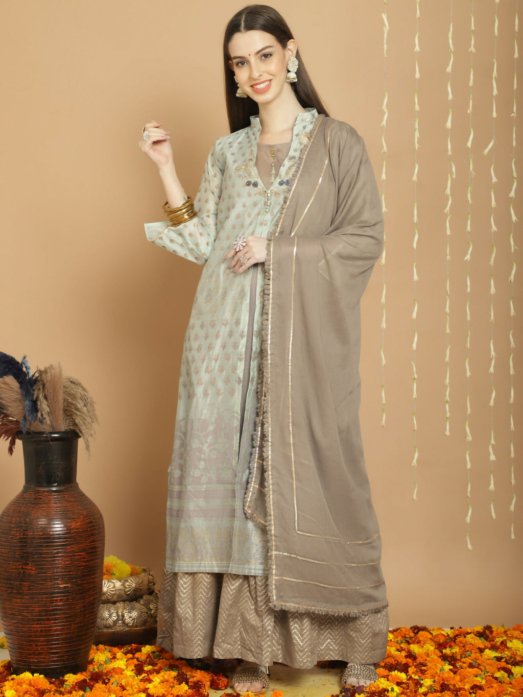 Jyoti Fashion Women's Green Chanderi Silk Elegant Jardoshi Semi Kurta with Trouser & Dupatta