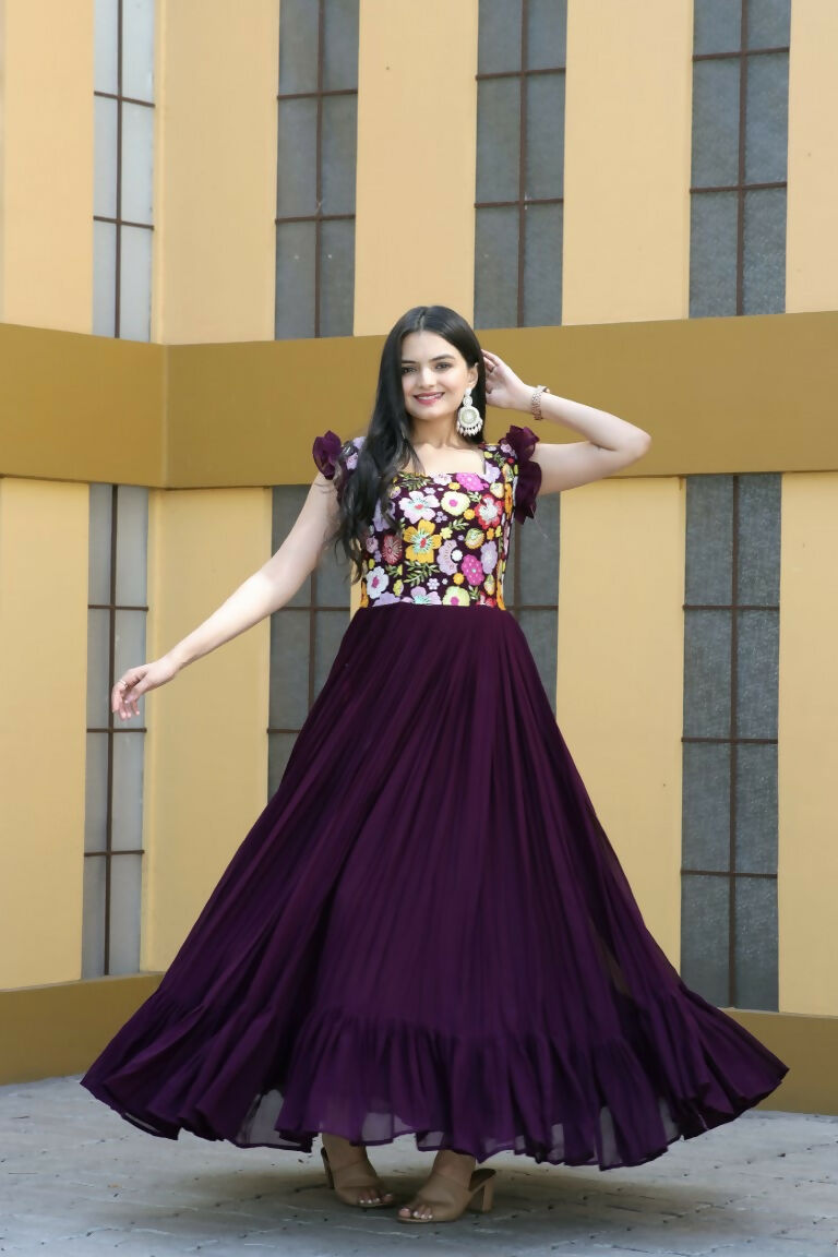 Jyoti Fashion Women's Wine Sequins Thread Embroidery Faux Blooming Anarkali Dress