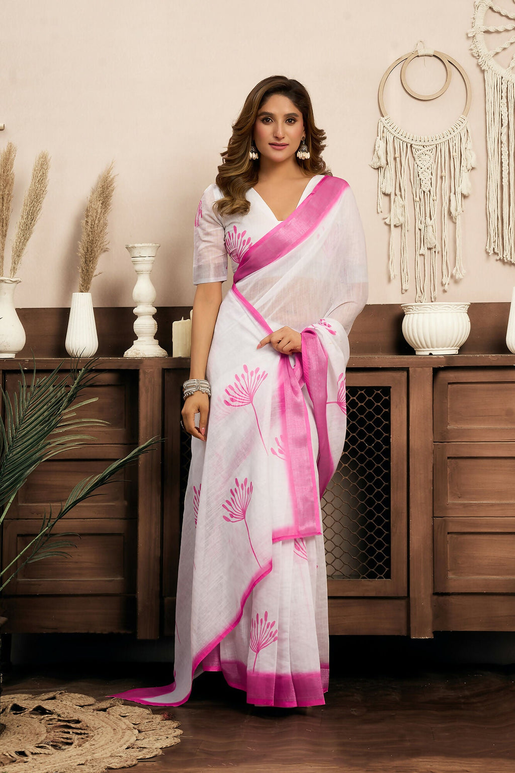 Vastranavya White Digital Printed Linen Ready To Wear Designer Saree with Unstitched Blouse