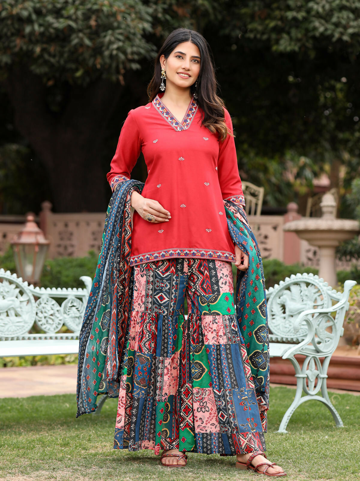 Juniper Women's Rust Thered Embroidered Rayon Kurta Sharara & Voile Dupatta Set