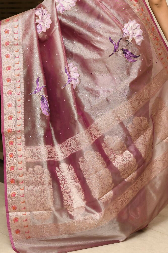 Joban Fashion Purple Saree Tissue Applick With Mirror