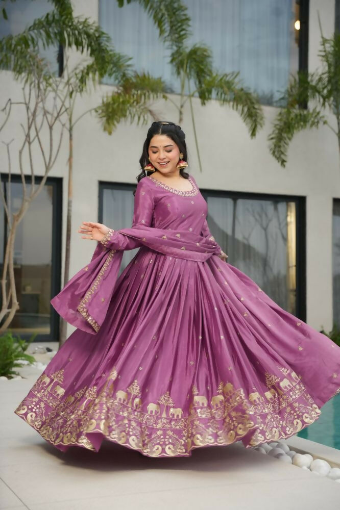 Vastranavya Lavender Chinnon with Embroidery Zari Sequins Work Gown