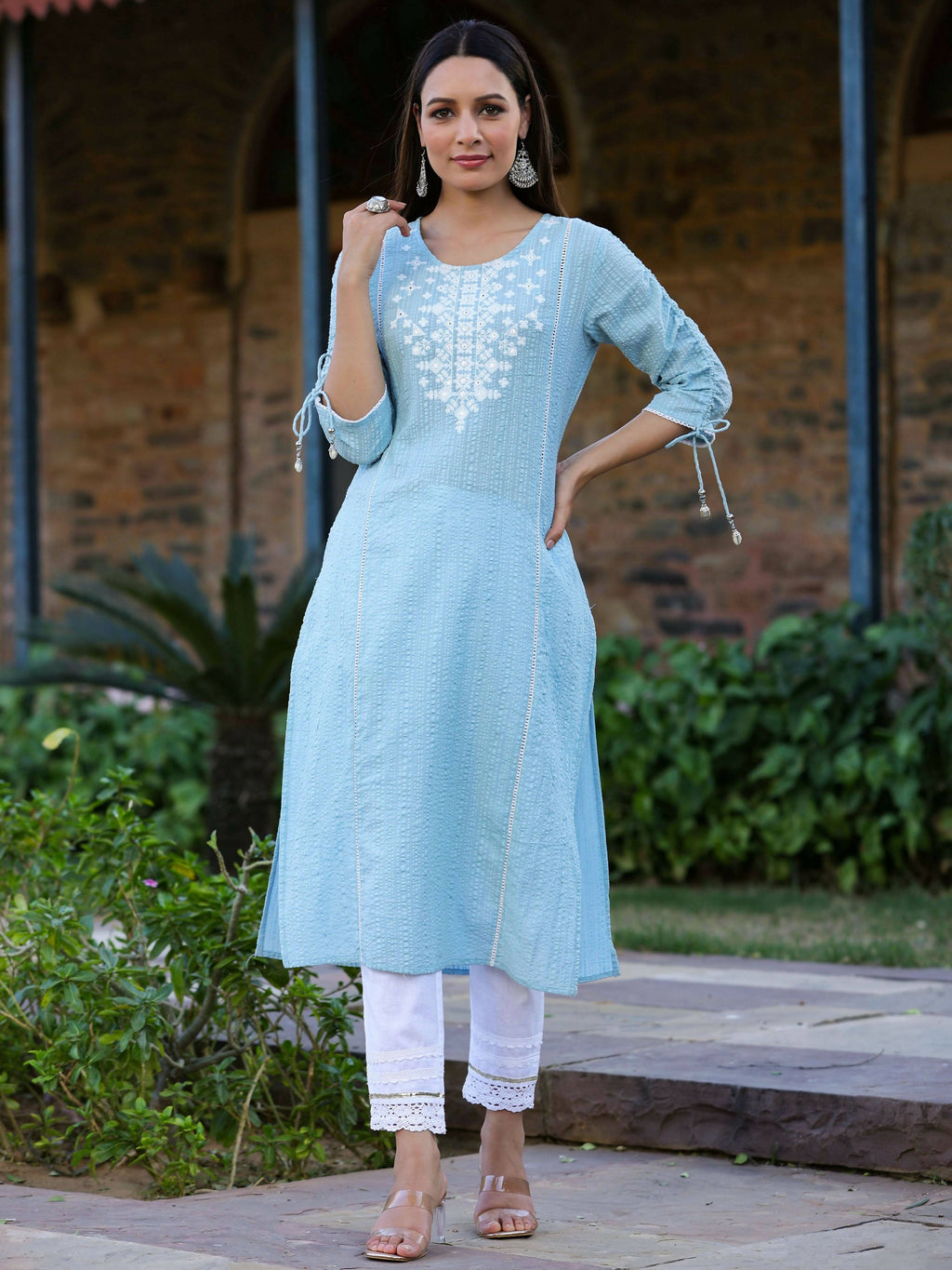 Juniper Women's Blue Sheer Sucker Embroidered Straight Kurta